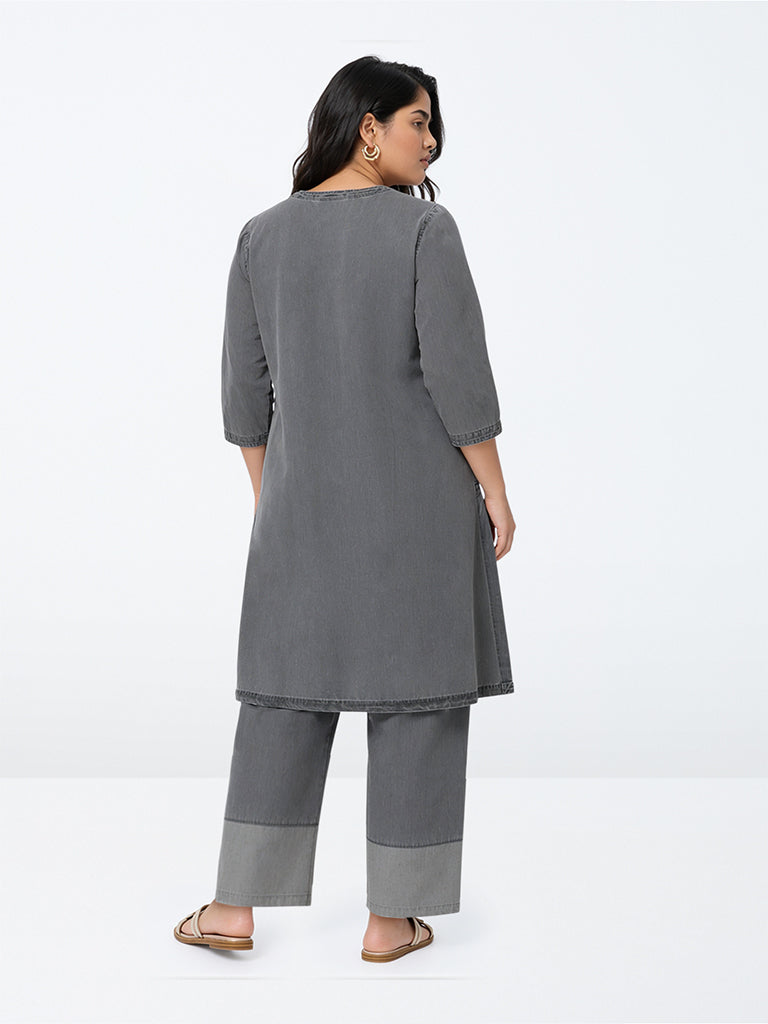 Diza Charcoal Floral Embroidered A-Line Denim Kurta