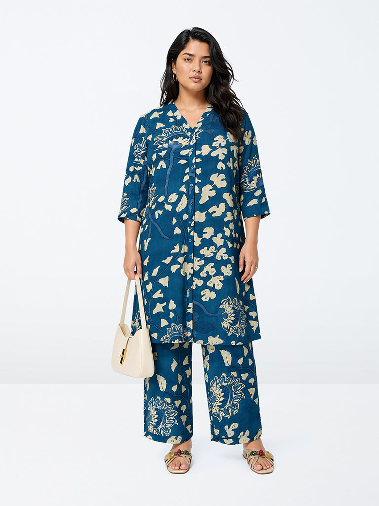 Diza Blue Foliage Pattern Cotton-Blend A-Line Kurta
