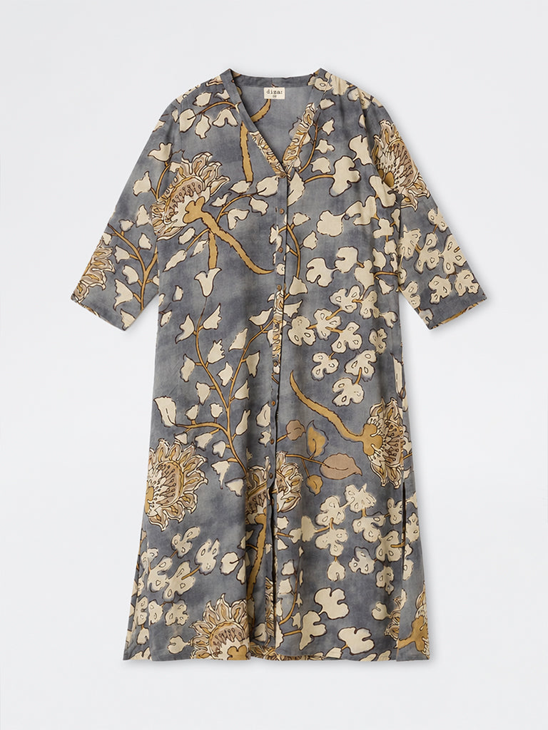Diza Grey Floral Printed A-Line Kurta