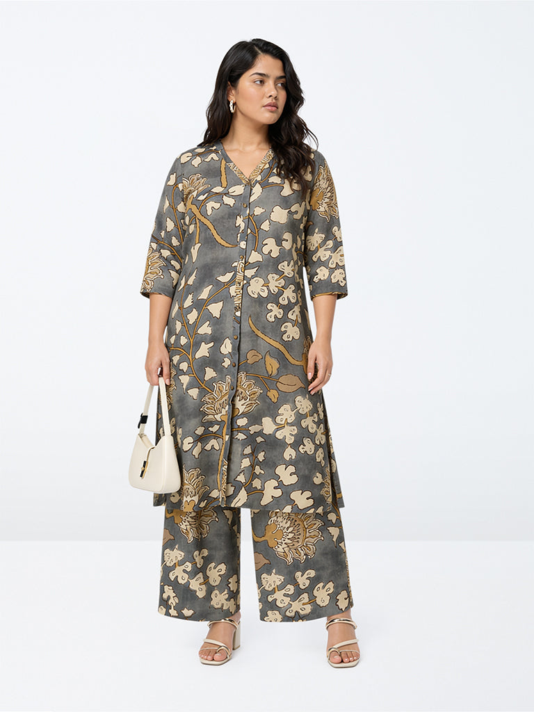 Diza Grey Floral Printed A-Line Kurta