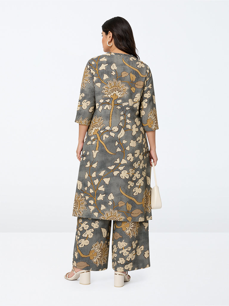 Diza Grey Floral Printed A-Line Kurta