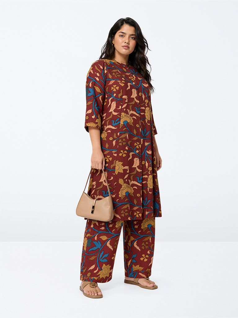 Diza Red Floral Printed A-Line Kurta