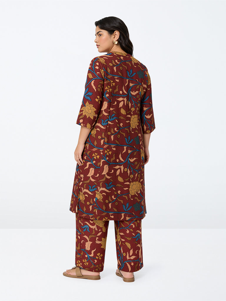 Diza Red Floral Printed A-Line Kurta