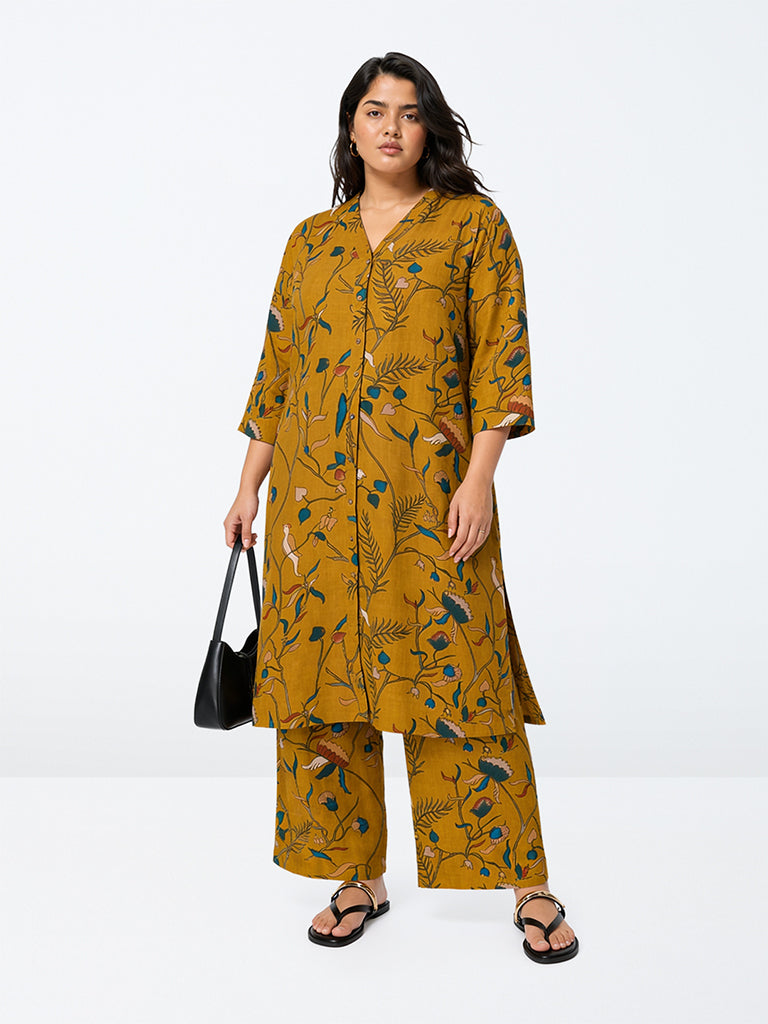 Diza Mustard Kalamkari Floral A-Line Kurta