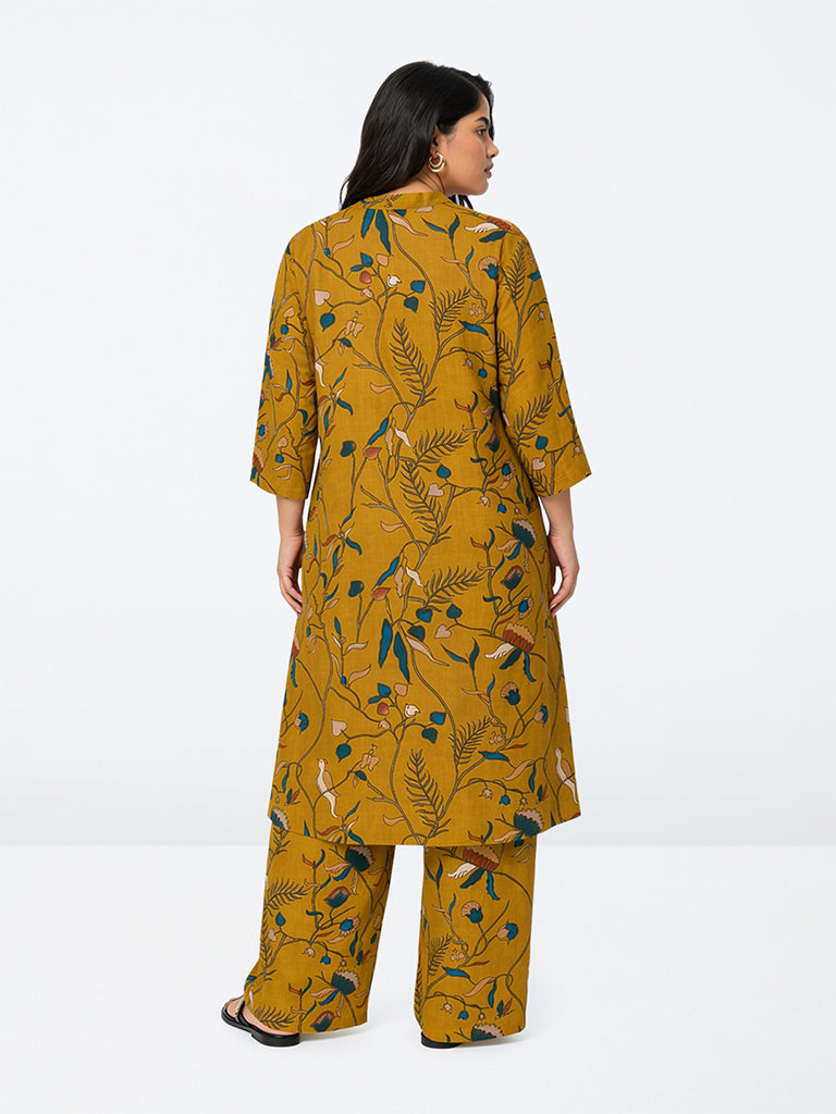 Diza Mustard Kalamkari Floral A-Line Kurta