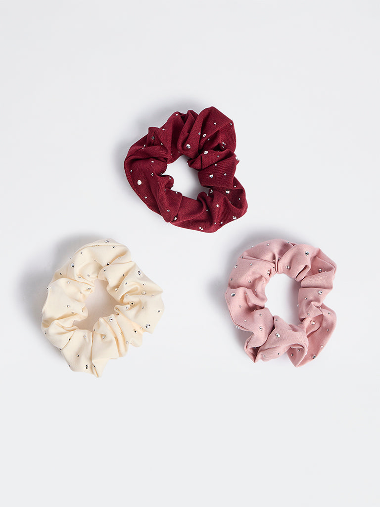 Studiowest Multicolour Rhinestone Scrunchies - Pack of 3