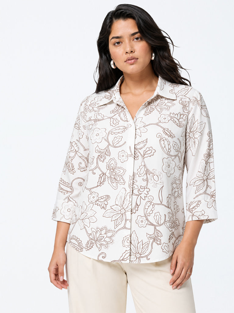 Gia Off-White Floral Printed Cotton Shirt