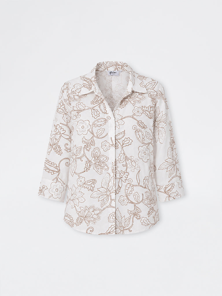 Gia Off-White Floral Printed Cotton Shirt