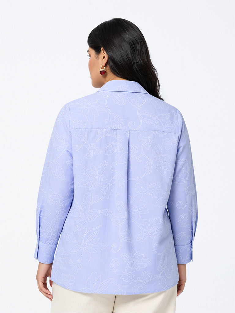 Gia Light Blue Floral Embroidered High-Low Blouse