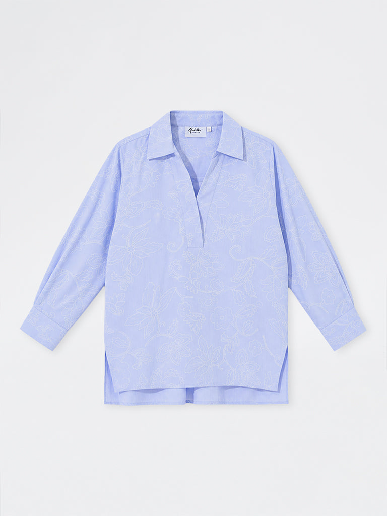 Gia Light Blue Floral Embroidered High-Low Blouse