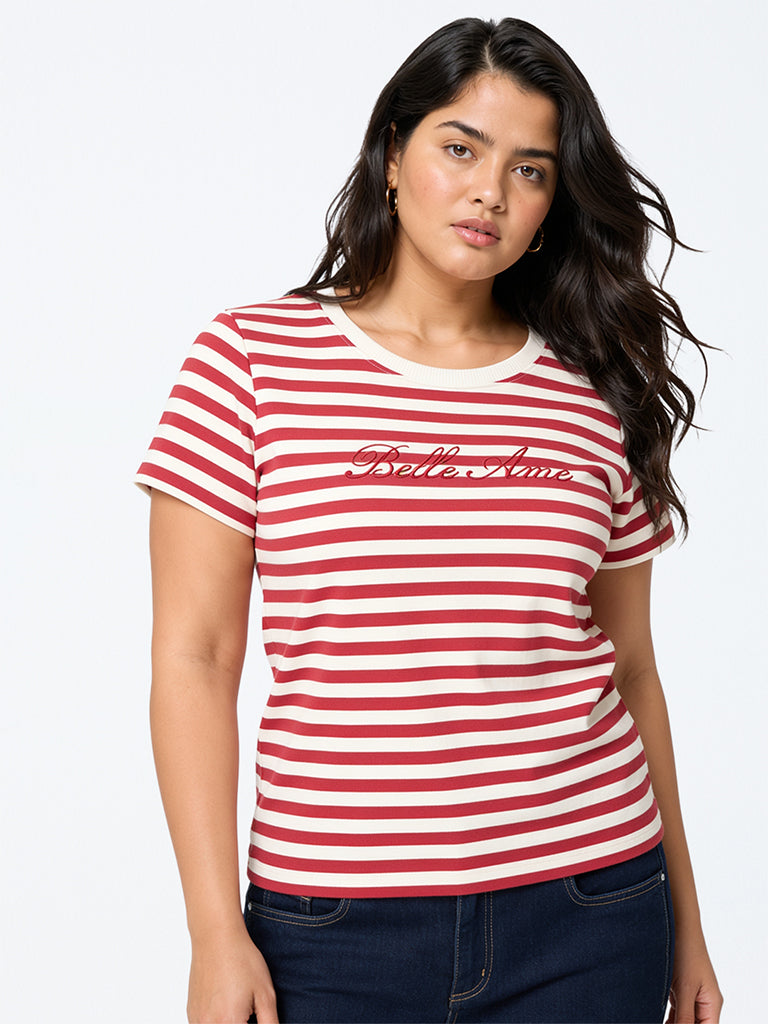 Gia Red and White Striped Cotton-Blend T-Shirt
