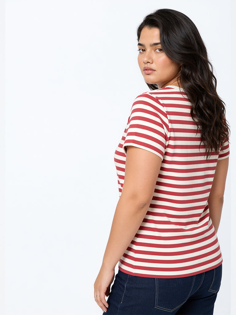 Gia Red and White Striped Cotton-Blend T-Shirt