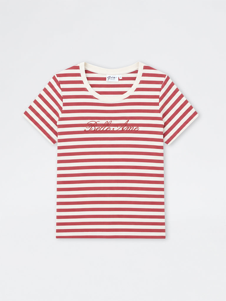 Gia Red and White Striped Cotton-Blend T-Shirt