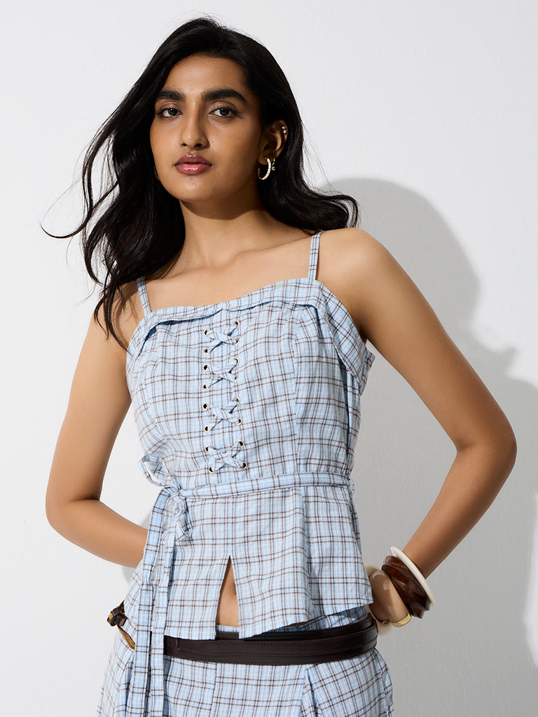 LOV Light Blue Checkered Criss-Cross Cotton Top with Belt