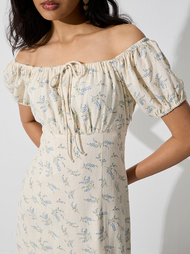 LOV Off-White Off-Shoulder Linen-Blend Straight Dress