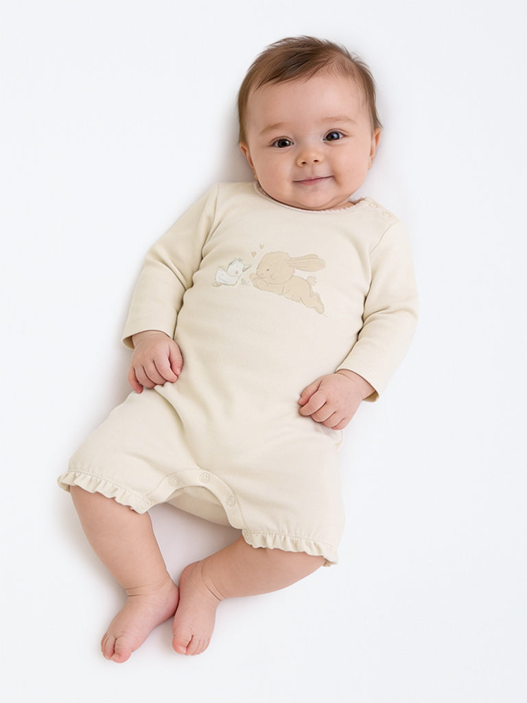 HOP Baby Girls White Animal Printed Cotton Rompers - Pack of 3