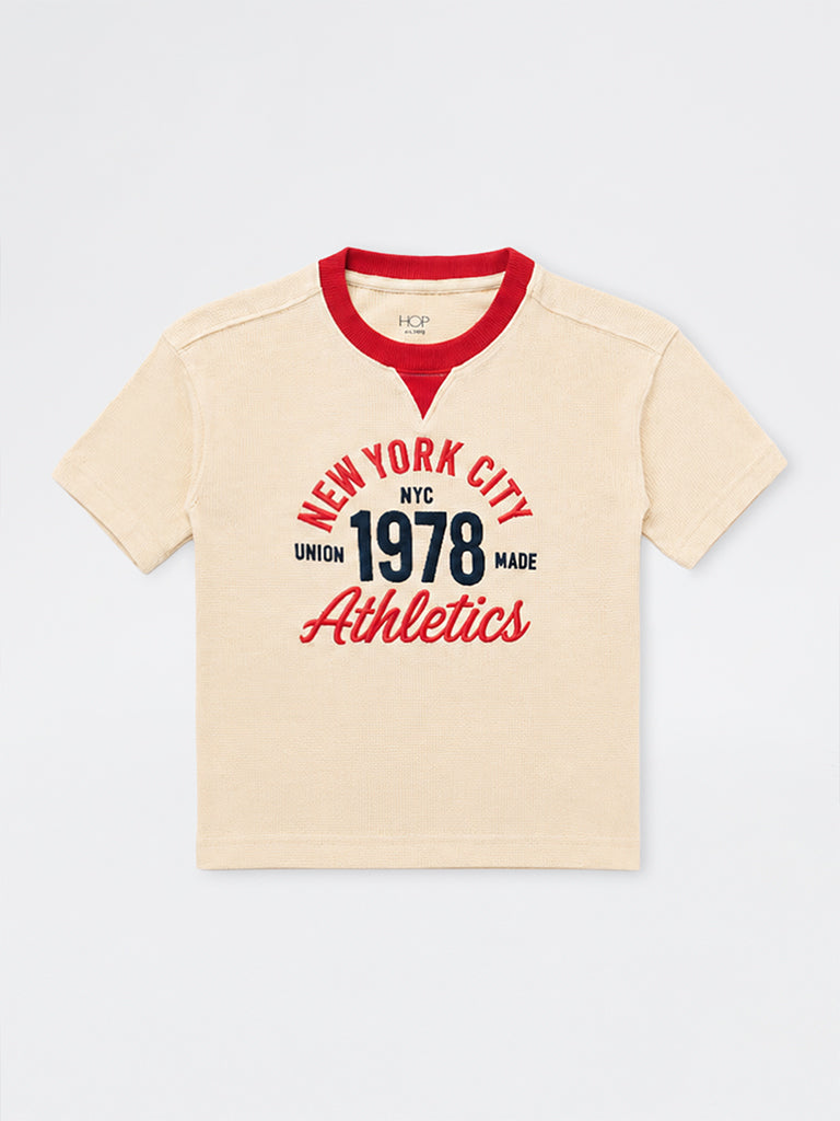 HOP Kids Boys Cream Text Embroidered Waffle-Textured Cotton T-Shirt