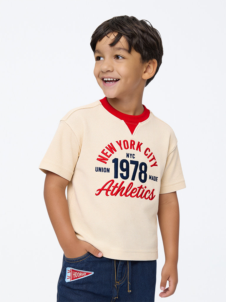 HOP Kids Boys Cream Text Embroidered Waffle-Textured Cotton T-Shirt