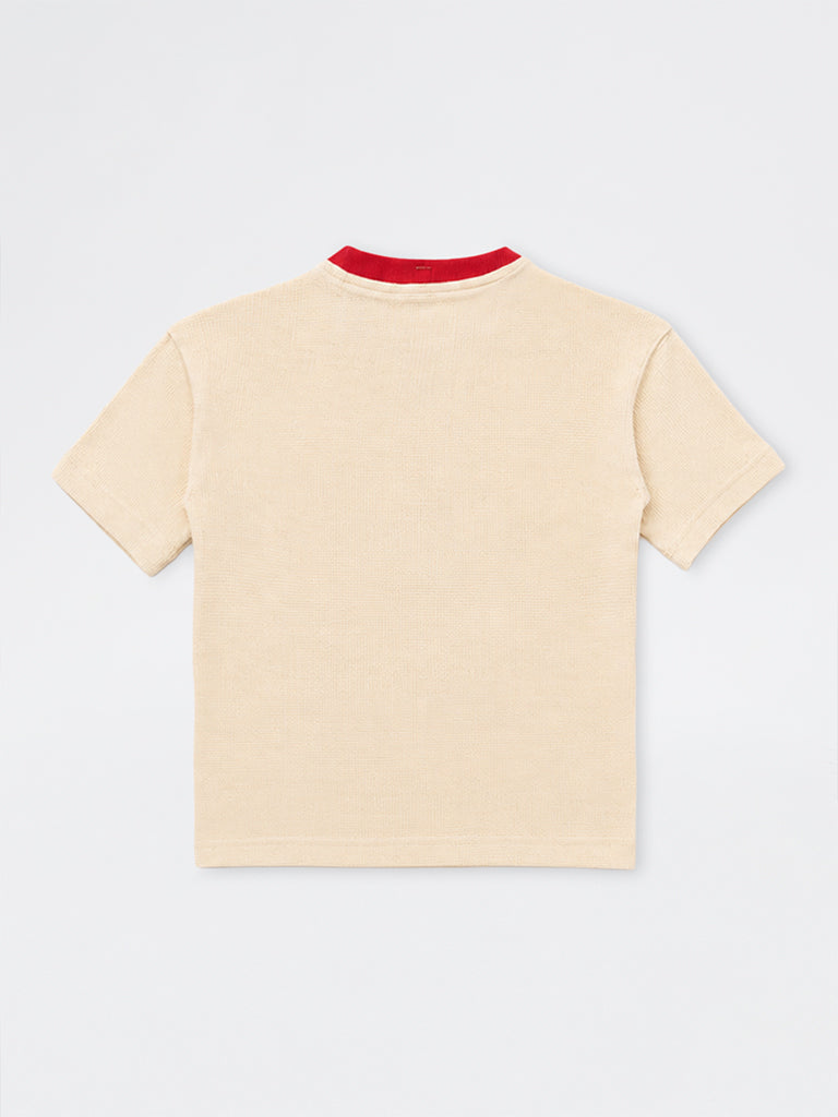 HOP Kids Boys Cream Text Embroidered Waffle-Textured Cotton T-Shirt