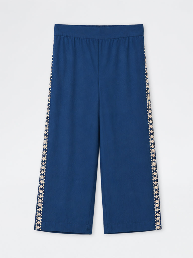 Diza Indigo Floral Embroidered Cotton Pants