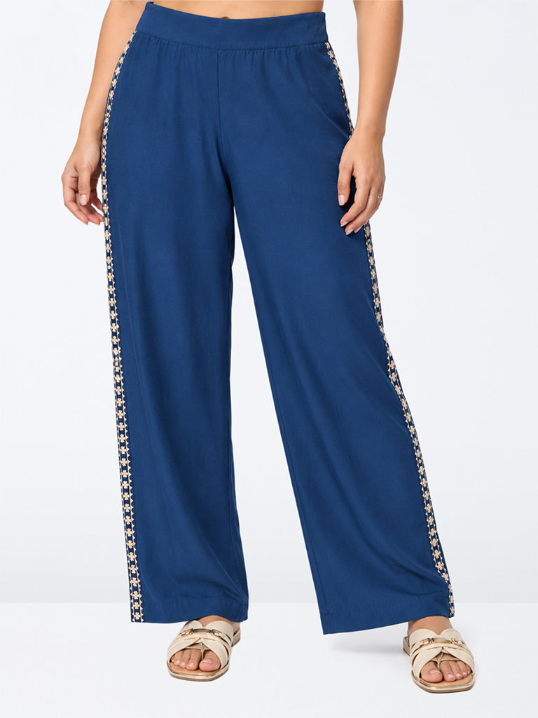 Diza Indigo Floral Embroidered Cotton Pants