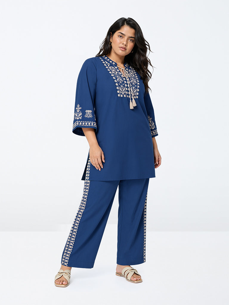 Diza Indigo Floral Embroidered Cotton Pants