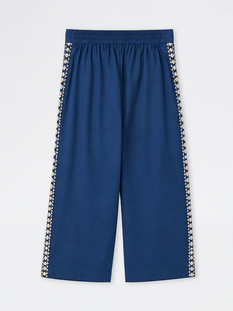 Diza Indigo Floral Embroidered Cotton Pants