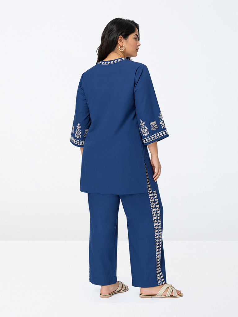 Diza Indigo Floral Embroidered Cotton Pants