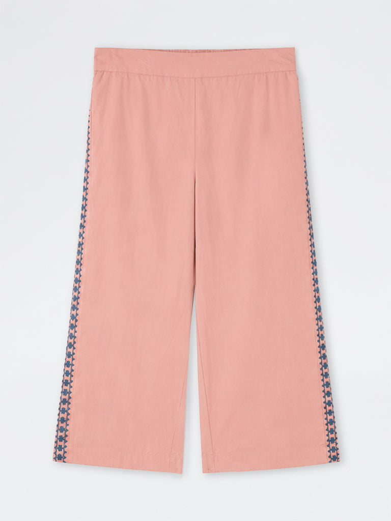 Diza Pink Floral Embroidered Cotton Pants