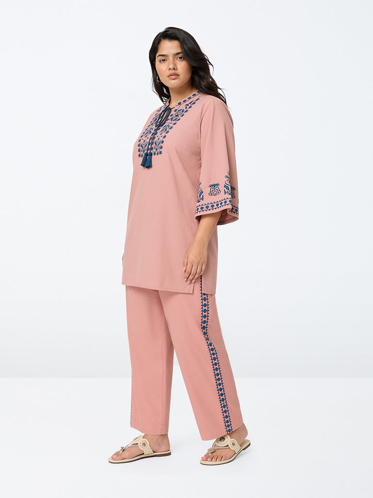 Diza Pink Floral Embroidered Cotton Pants