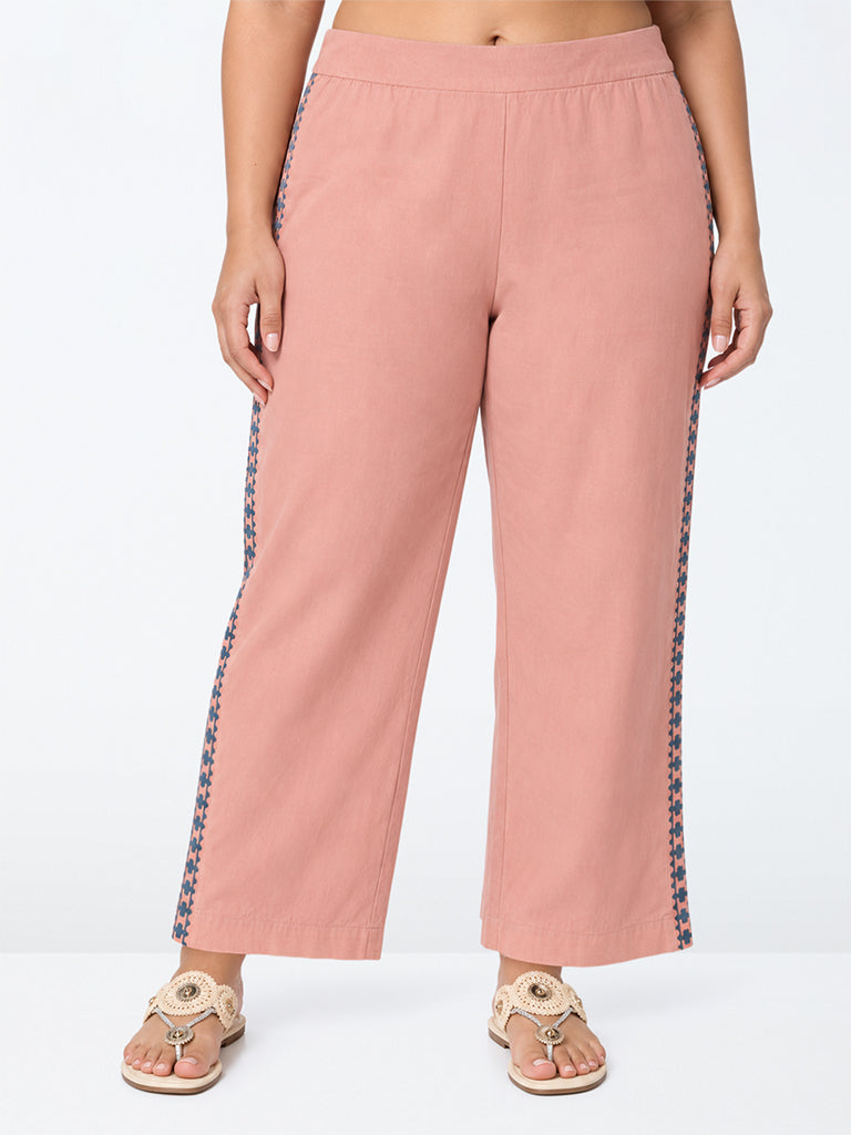 Diza Pink Floral Embroidered Cotton Pants