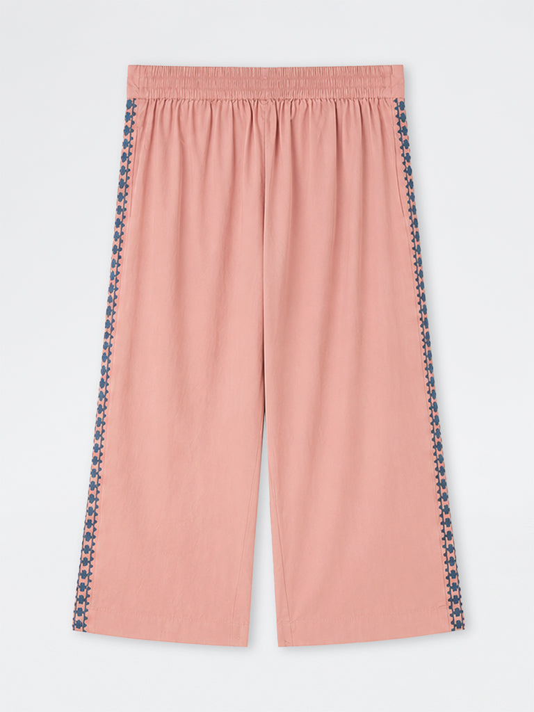 Diza Pink Floral Embroidered Cotton Pants