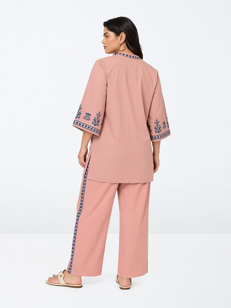 Diza Pink Floral Embroidered Cotton Pants