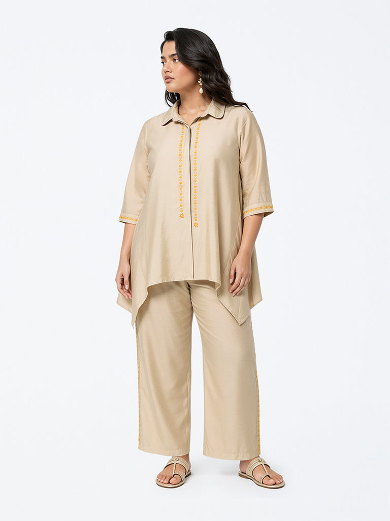 Diza Beige Floral Embroidered Asymmetrical Tunic