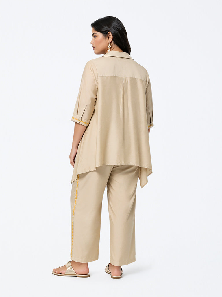 Diza Beige Floral Embroidered Asymmetrical Tunic