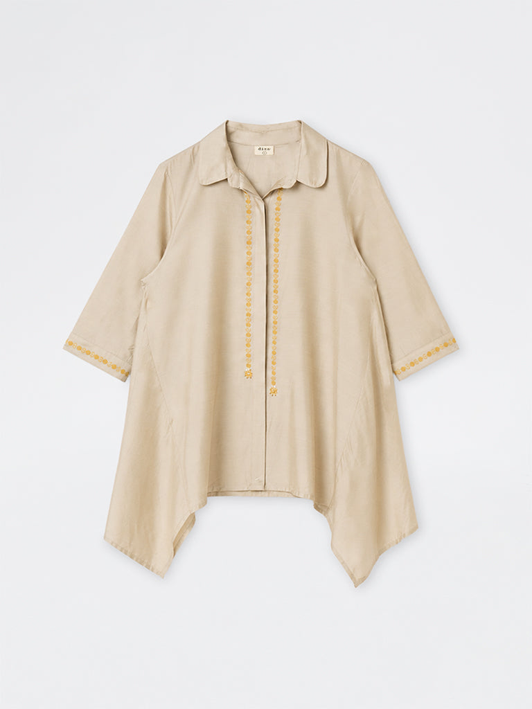 Diza Beige Floral Embroidered Asymmetrical Tunic