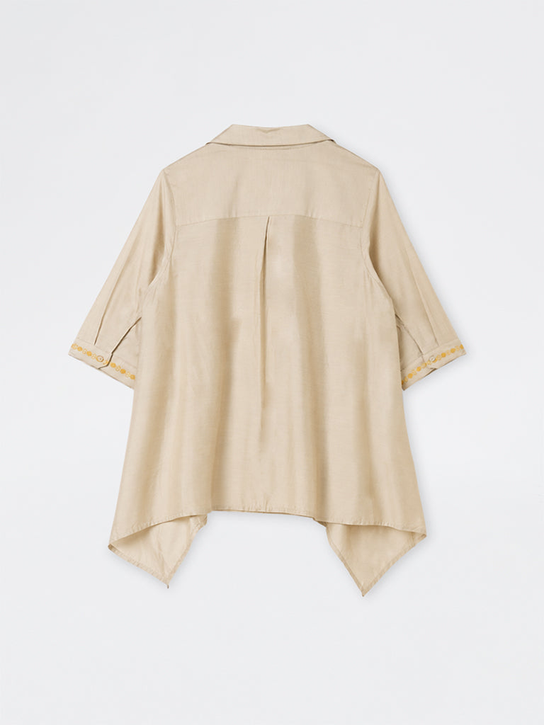 Diza Beige Floral Embroidered Asymmetrical Tunic