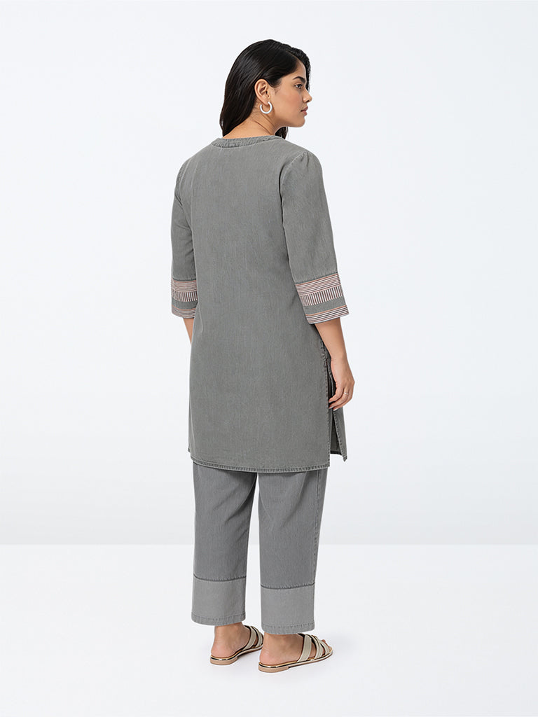 Diza Charcoal Striped Cotton Straight Kurta