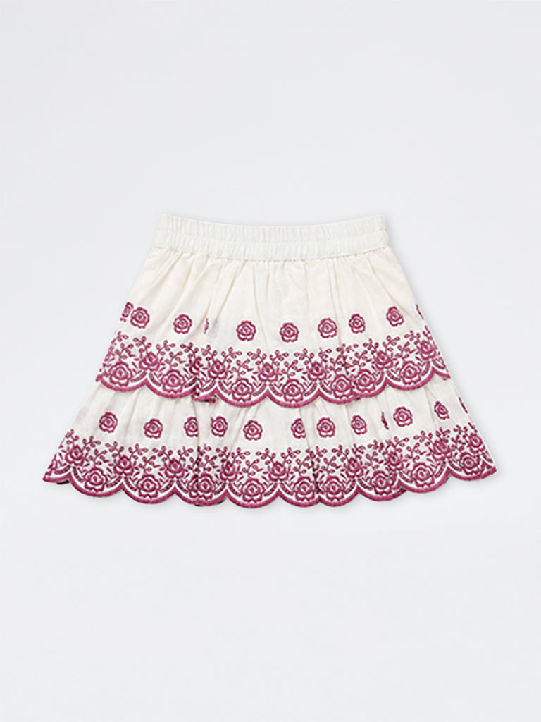 Utsa Kids Girls Off-White Floral Embroidered Tiered Cotton Skirt - (2 -8 yrs)