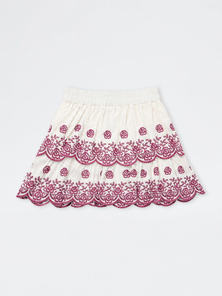 Utsa Kids Girls Off-White Floral Embroidered Tiered Cotton Skirt - (2 -8 yrs)