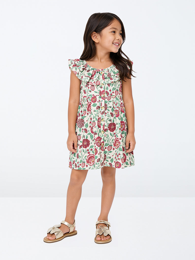 Utsa Kids Girls Multicolour Floral Cotton A-Line Dress - (2-8 yrs)