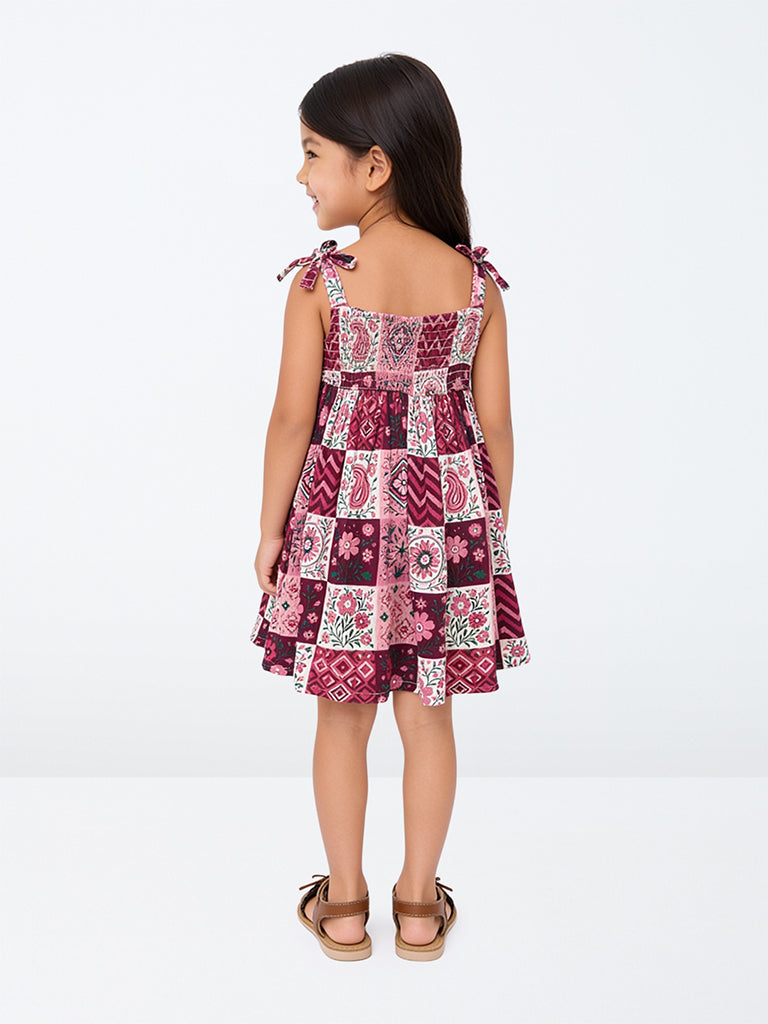 Utsa Kids Girls Red Patchwork Pattern Fit-and-Flare Dress - (2 -8 yrs)