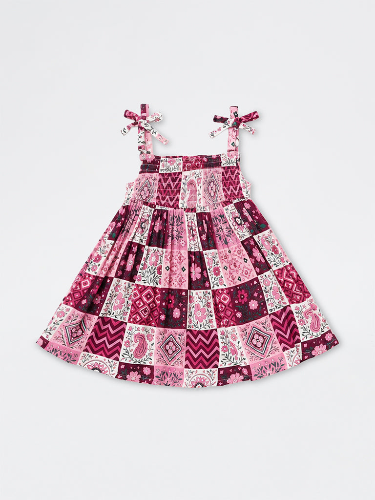 Utsa Kids Girls Red Patchwork Pattern Fit-and-Flare Dress - (2 -8 yrs)