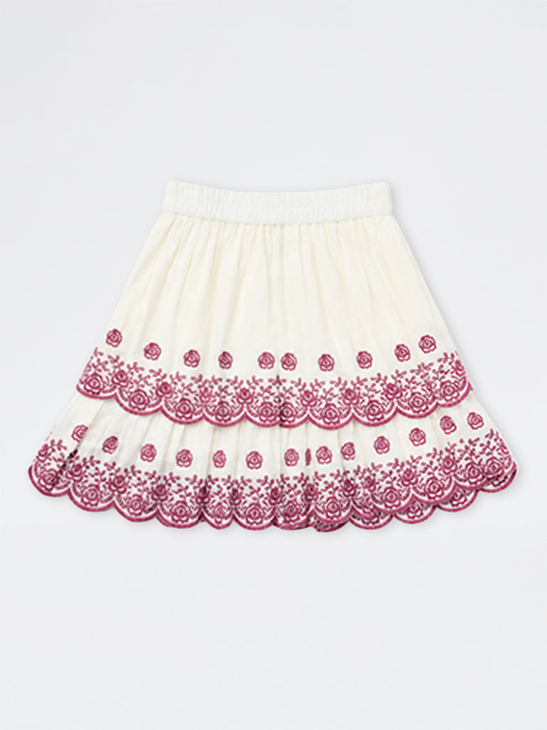 Utsa Kids Girls Off-White Floral Embroidered Tiered Cotton Skirt - (8 -14 yrs)