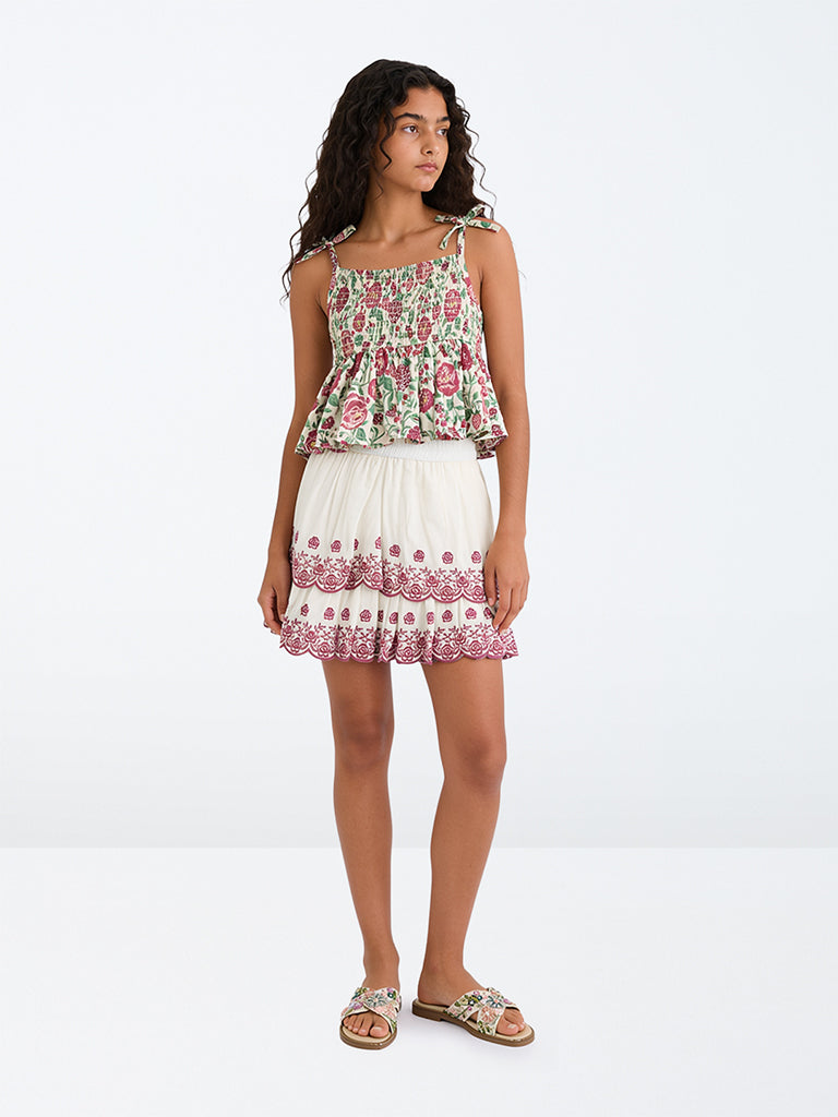 Utsa Kids Girls Off-White Floral Embroidered Tiered Cotton Skirt - (8 -14 yrs)