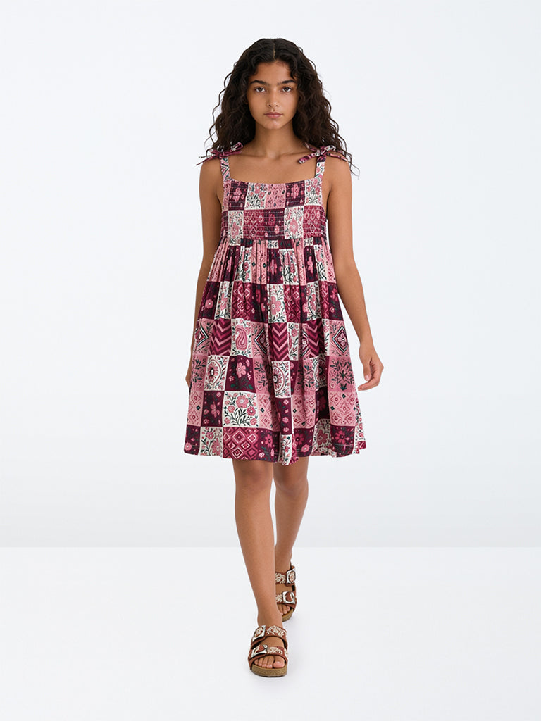 Utsa Kids Girls Red Patchwork Pattern Fit-and-Flare Dress - (8 -14 yrs)