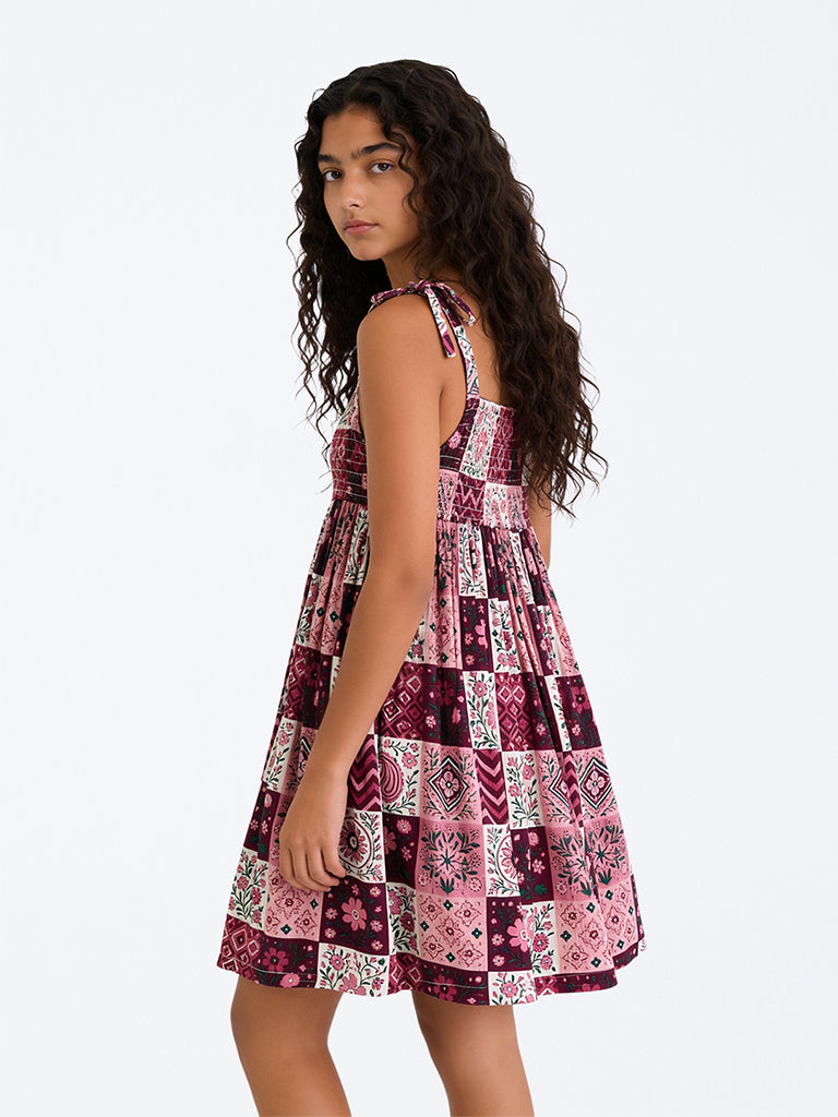 Utsa Kids Girls Red Patchwork Pattern Fit-and-Flare Dress - (8 -14 yrs)
