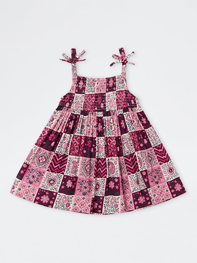 Utsa Kids Girls Red Patchwork Pattern Fit-and-Flare Dress - (8 -14 yrs)