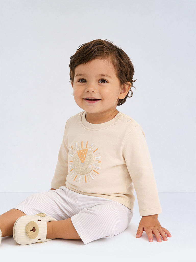 HOP Baby Boys Light Beige Animal Embroidered Cotton T-Shirt and Pants Set