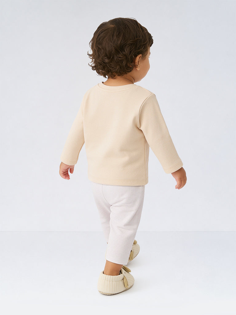 HOP Baby Boys Light Beige Animal Embroidered Cotton T-Shirt and Pants Set